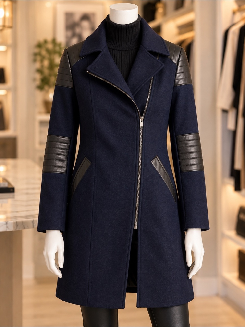DKNY Navy Wool Blend Moto Coat Black Faux Leather NWT Size 4
